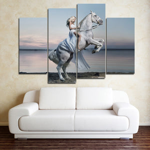 Woman with White Horse Canvas Print 4 Panel Modern Wall Art Painting-126 (2)