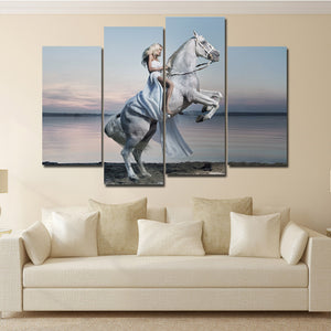 Woman with White Horse Canvas Print 4 Panel Modern Wall Art Painting-126 (4)